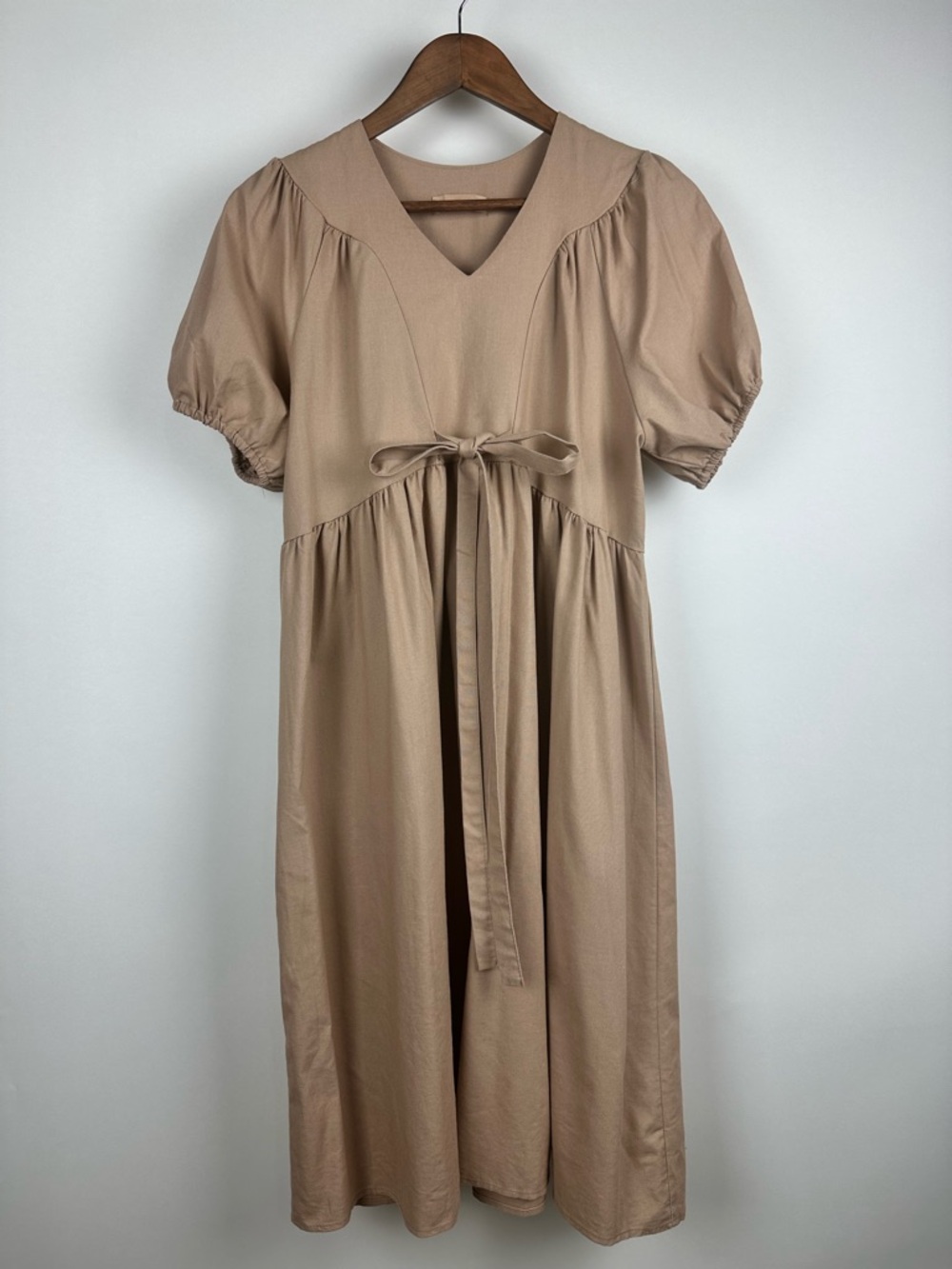 Nature Boutique Neutral Midi Dress Puff Sleeve Tie Front Minimalist Cottagecore
